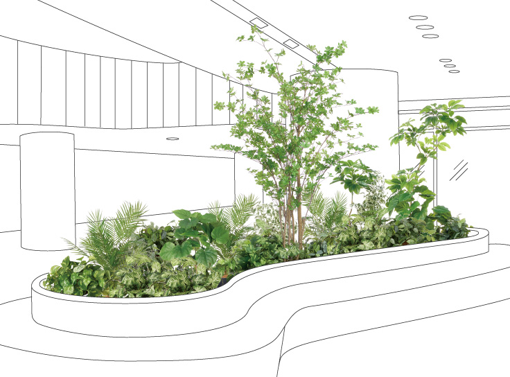 6号インナーポットの床置き植栽例、エントランスや外構の演出